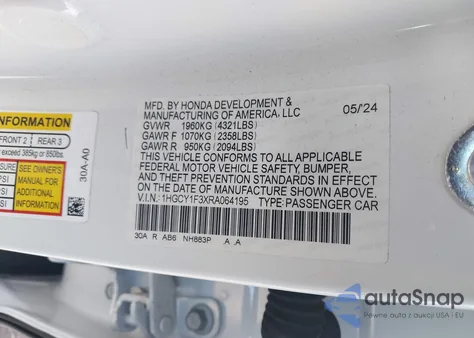 2024 Honda Accord Ex из США, поврежденный, VIN 1HGCY1F3XRA064195